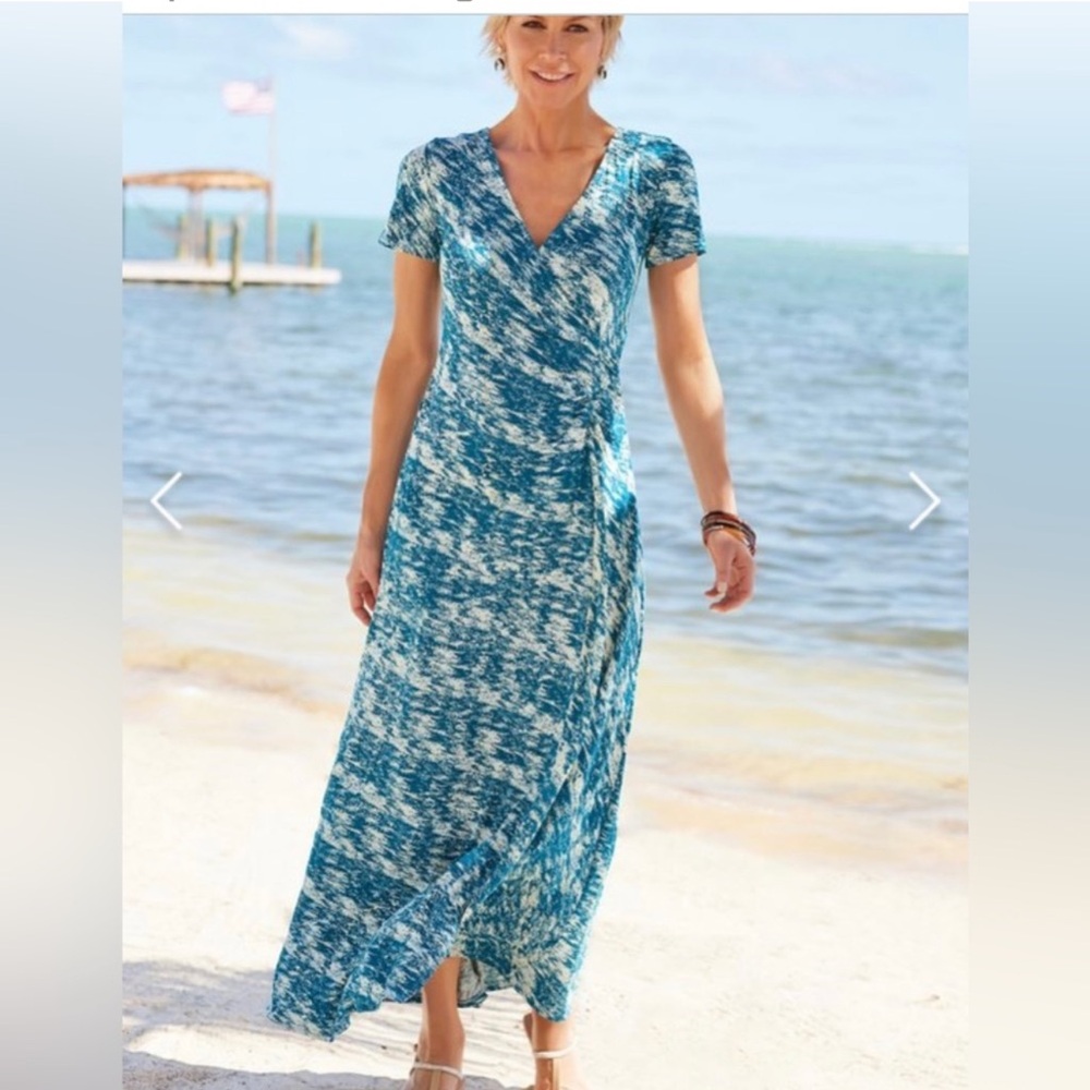NEW Soft Surroundings Joanna Faux Wrap Side Slit Ruching JerseyKnit Maxi Dress,M